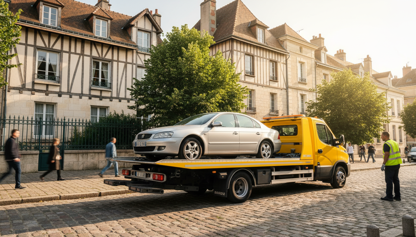 Un dépanneur Fast Depann remorque une voiture en panne dans une rue résidentielle de Saint-Prix, Val d'Oise.