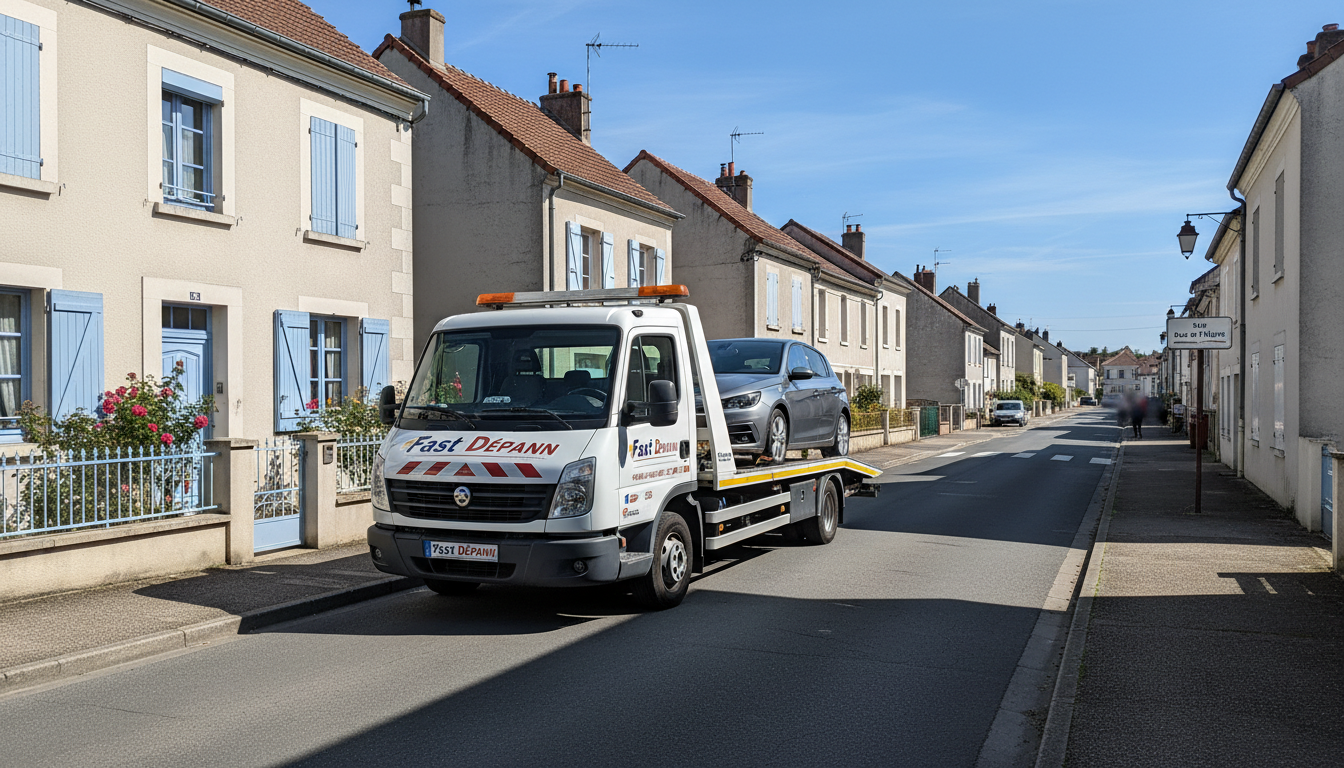 Dépanneuse Fast Depann intervenant sur une voiture en panne dans une rue résidentielle de Saint-Witz, Val d'Oise.