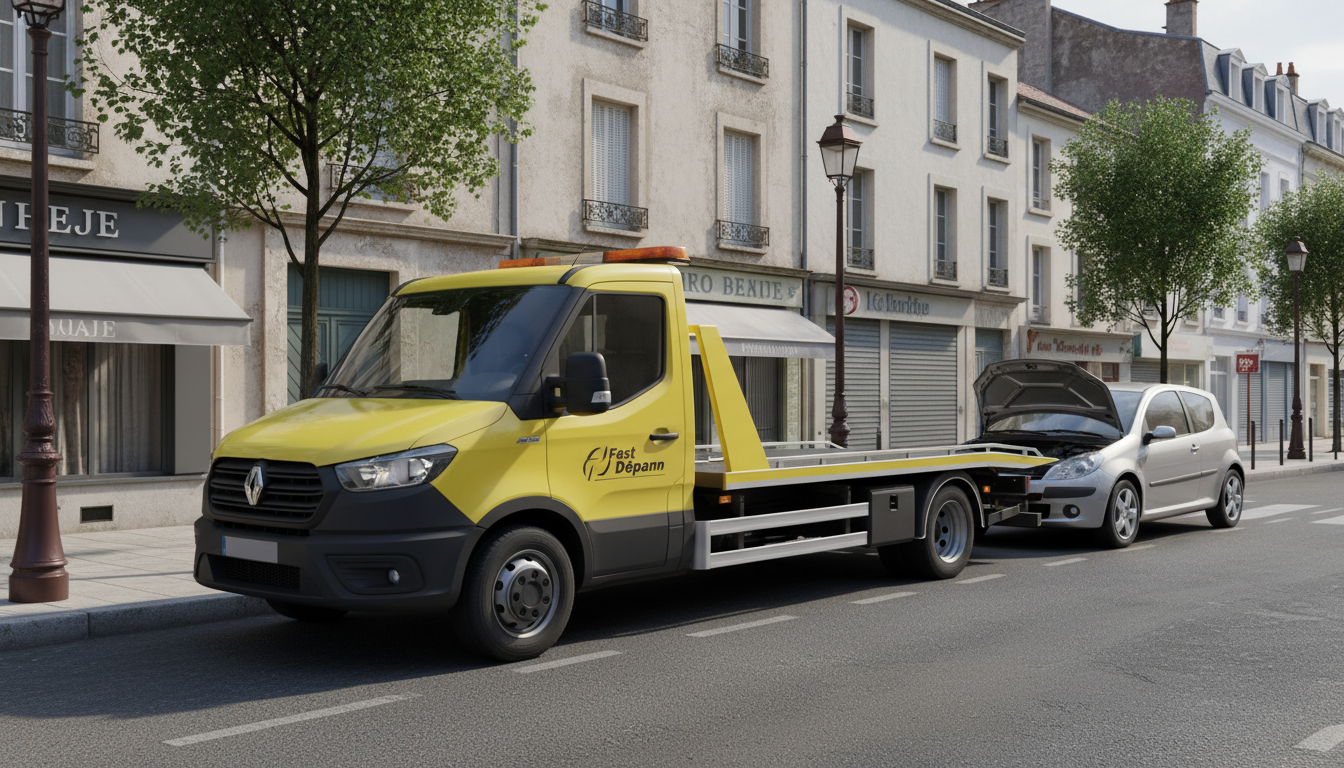 Dépanneuse Fast Depann intervenant rapidement sur une voiture en panne à Sarcelles.