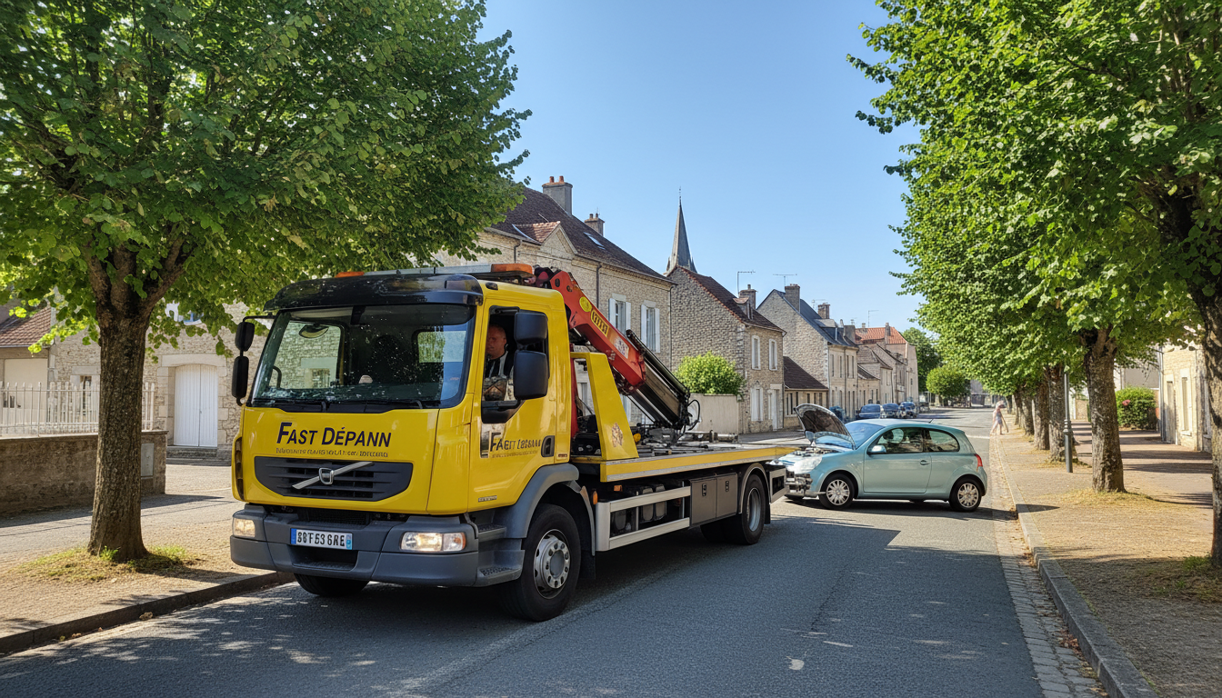 Dépanneuse Fast Depann intervenant sur une voiture en panne dans une rue résidentielle de Seugy, Val d'Oise.