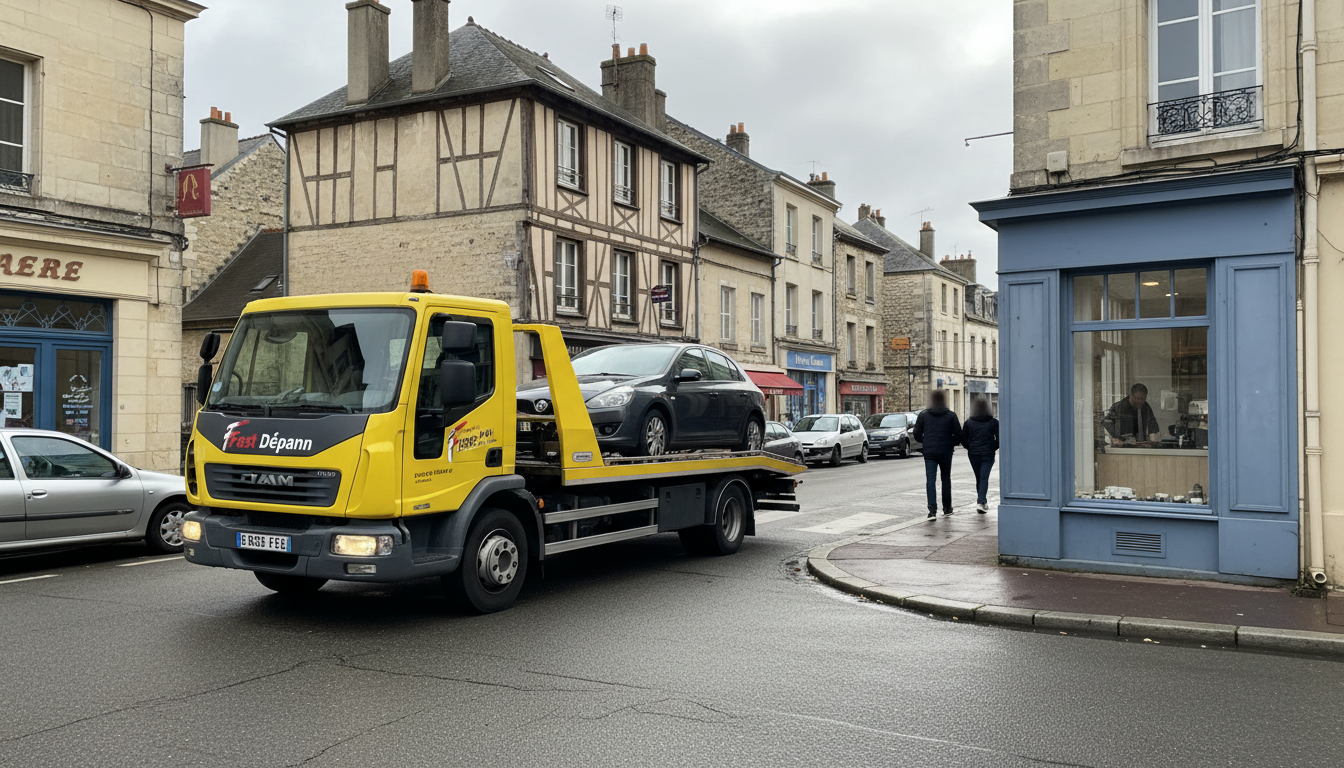 Dépanneuse Fast Depann intervenant sur une voiture en panne dans une rue de Survilliers, Val d'Oise.
