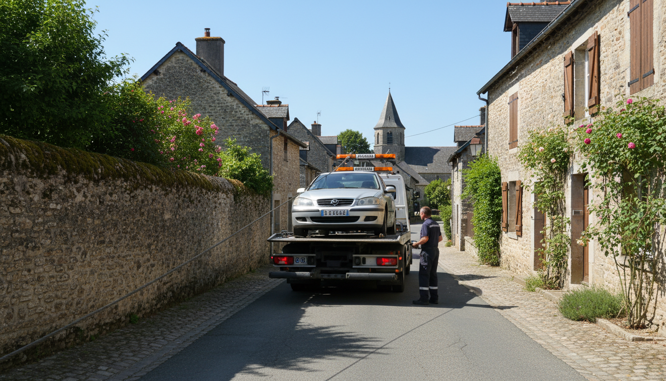 Dépanneuse Fast Depann en intervention rapide pour un véhicule en panne sur une route de Theuville, Val d'Oise.