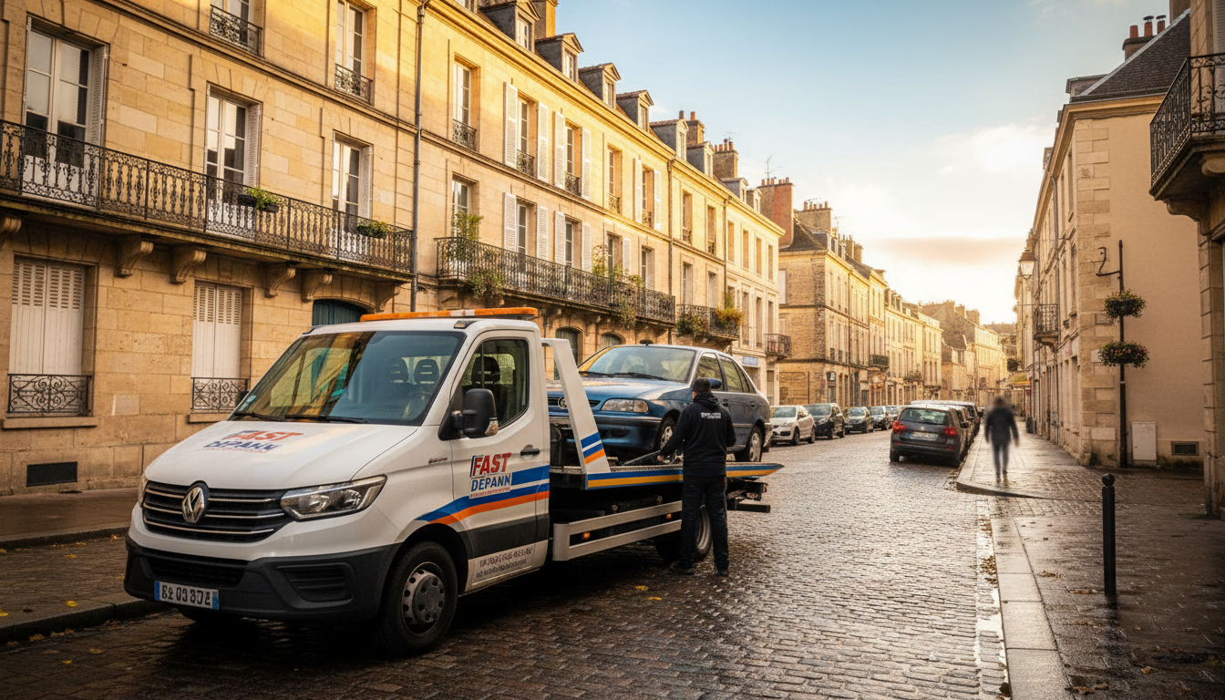 Dépanneuse Fast Depann intervenant sur une voiture en panne dans une rue typique d'Us, Val d'Oise, en plein jour.