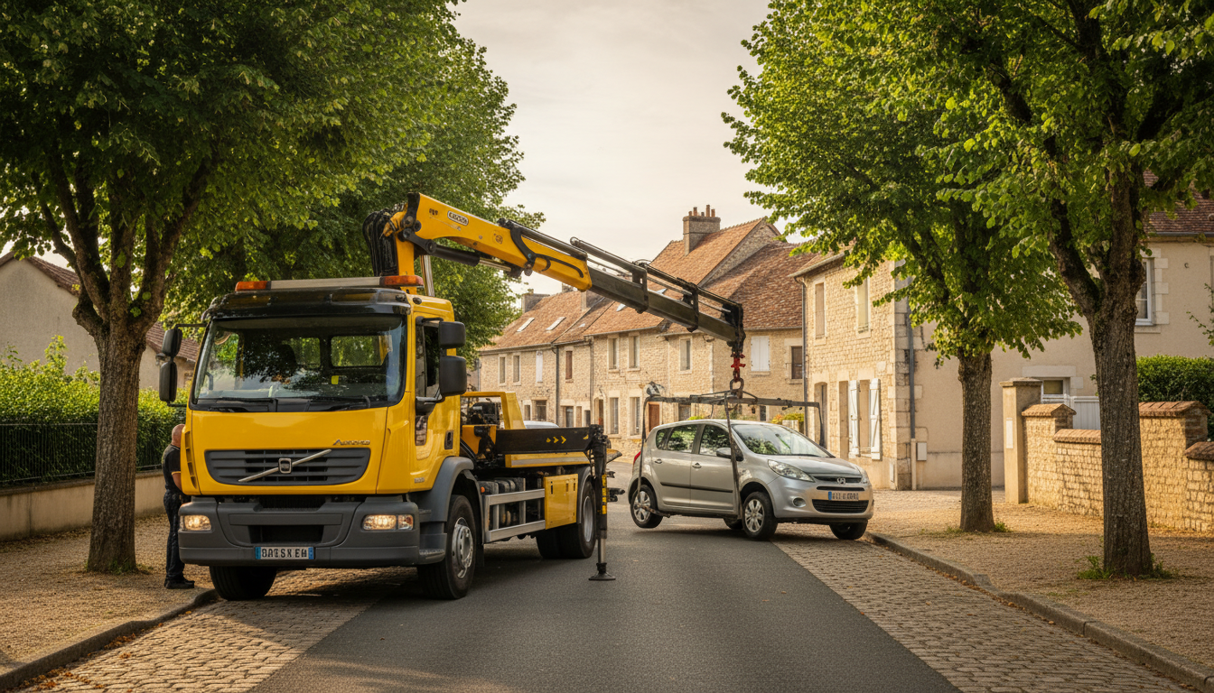 Un dépanneur Fast Depann remorquant une voiture en panne dans une rue typique de Vallangoujard, en plein jour.