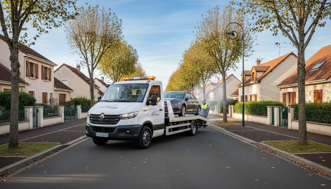 Camion de dépannage Fast Depann intervenant sur une voiture en panne dans une rue résidentielle de Vémars, Val d'Oise.