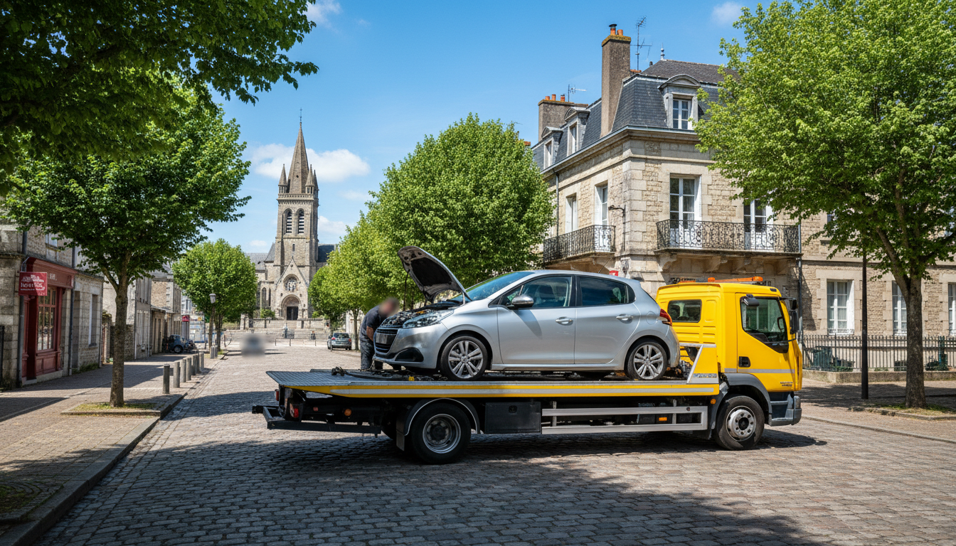 Dépanneuse Fast Depann intervenant sur une voiture en panne dans une rue typique de Vigny, Val d'Oise, avec l'église en arrière-plan.