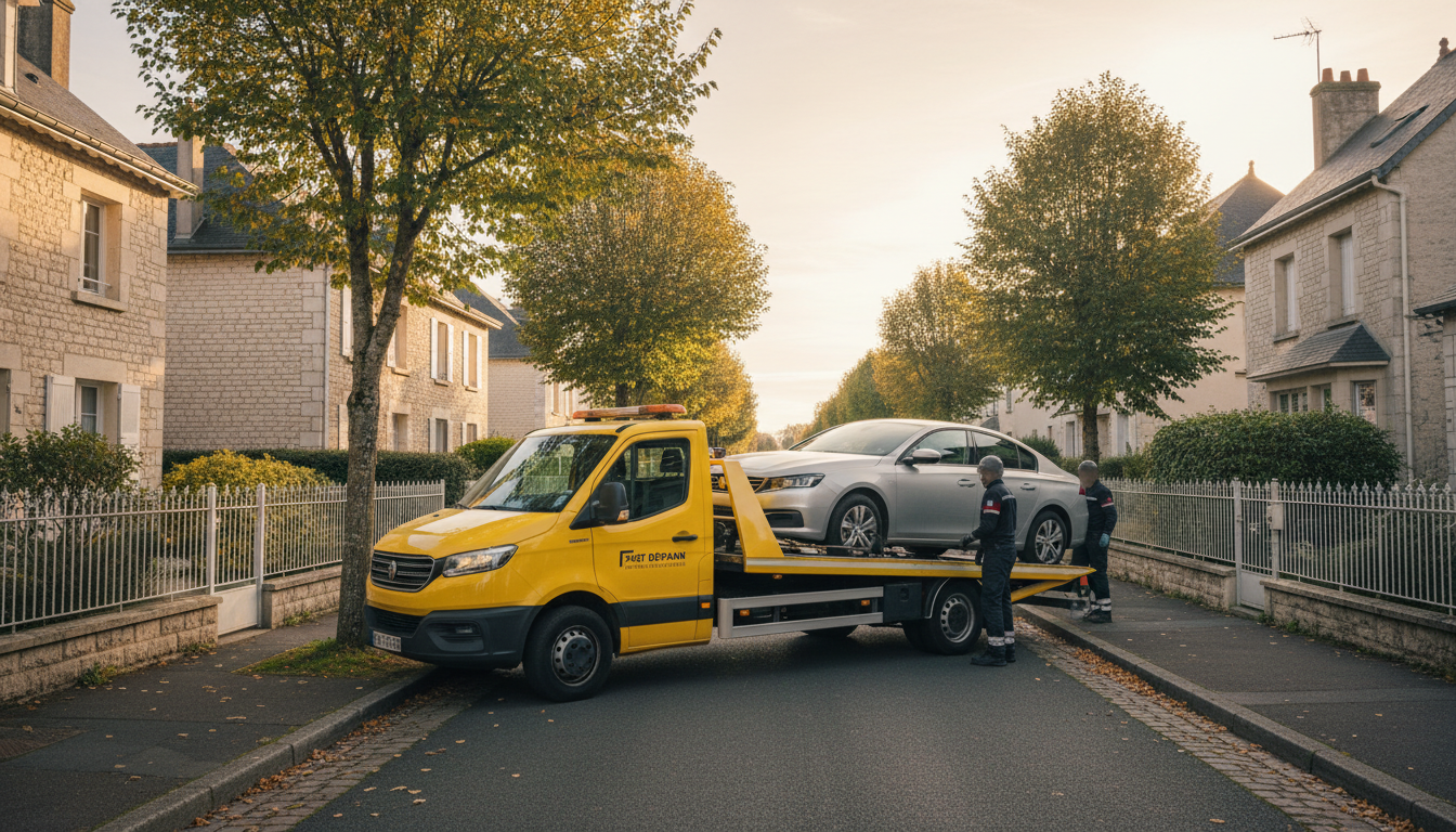 Dépanneuse Fast Depann intervenant sur une voiture en panne dans une rue résidentielle de Villaines-sous-Bois, Val d'Oise.