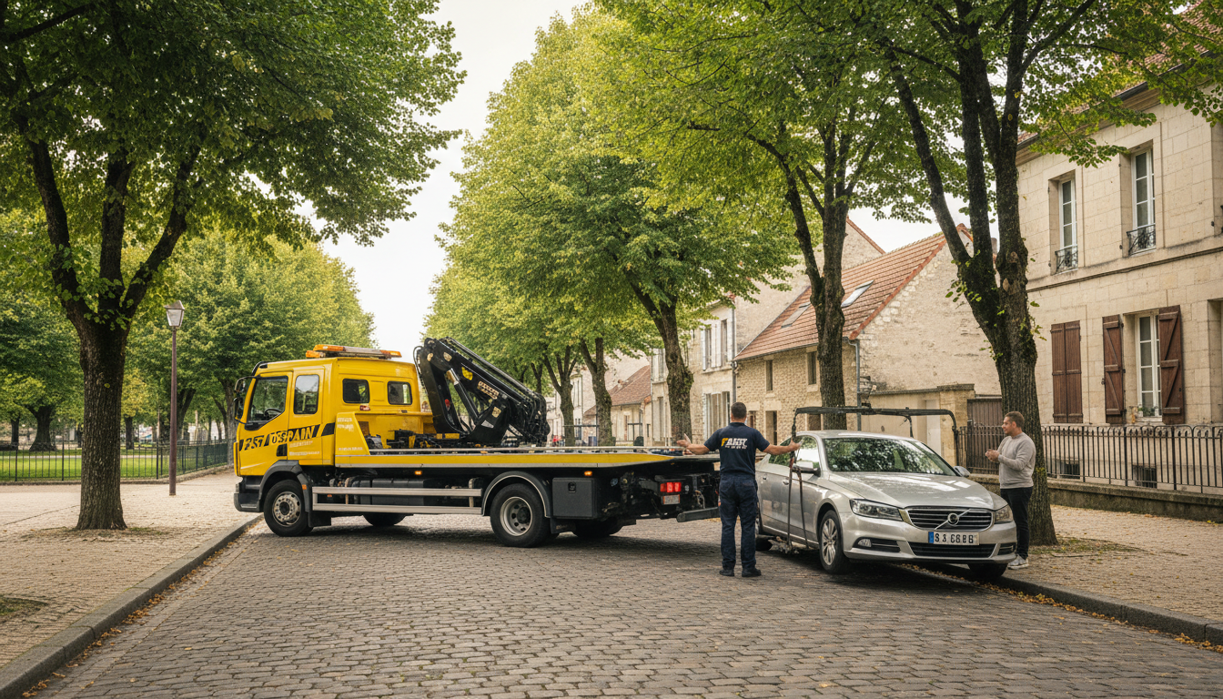 Dépanneuse Fast Depann intervenant sur une voiture en panne dans une rue de Villeron, Val d'Oise.