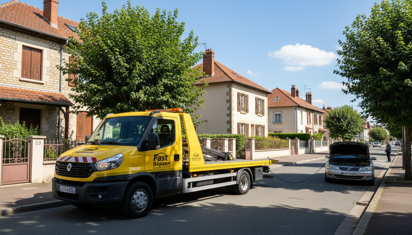 Dépanneuse Fast Depann intervenant sur une voiture en panne dans une rue résidentielle de Villiers-le-Bel, Val d'Oise.