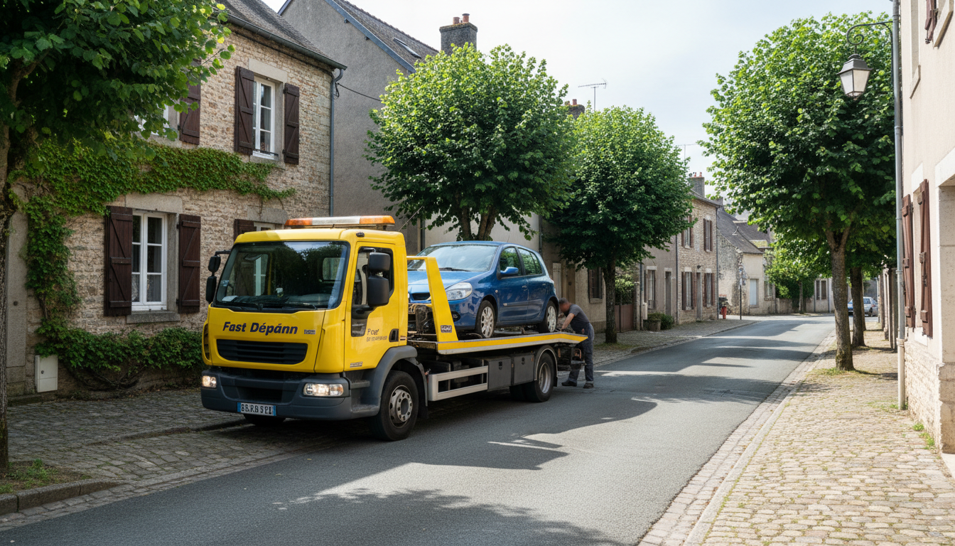 Dépanneuse Fast Depann intervenant sur une voiture en panne dans une rue pavée de Wy-dit-Joli-Village, Val d'Oise.