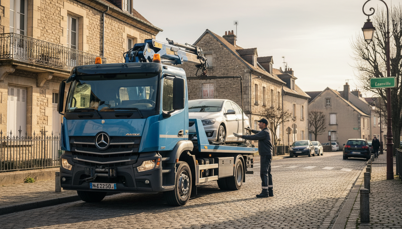 Un dépanneur Fast Depann en pleine intervention à Ézanville, remorquant un véhicule en panne sur une rue résidentielle du Val d'Oise.