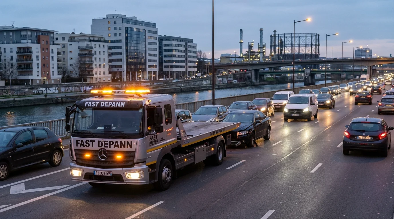 Dépanneuse Fast Depann chargeant un véhicule en panne sur les quais à Ivry-sur-Seine au crépuscule.
