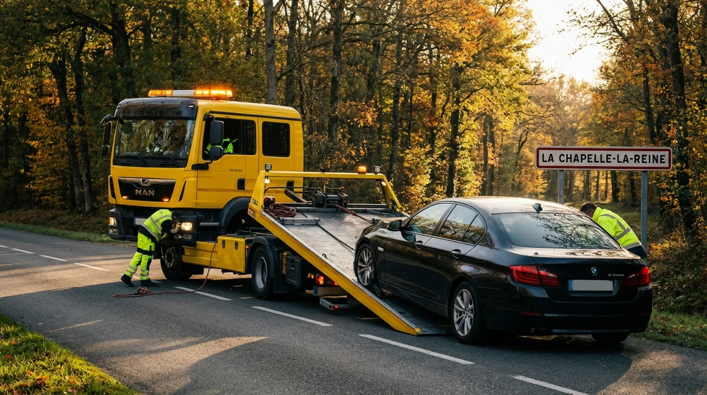 Dépanneuse Fast Depann en intervention sur une route près de la forêt de Fontainebleau à La Chapelle-la-Reine