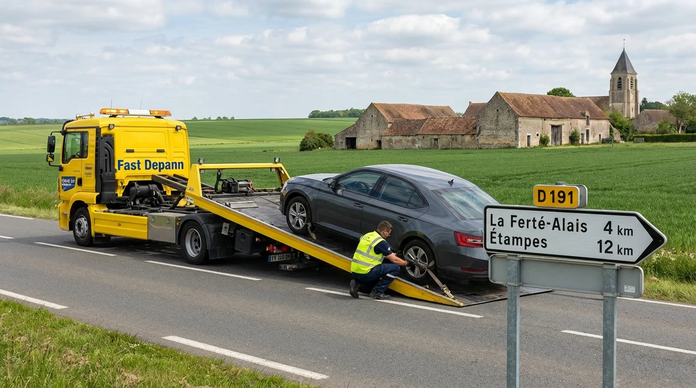 Dépanneuse Fast Depann chargeant une voiture en panne sur la D191 près de La Ferte-Alais, Essonne, avec un panneau de signalisation indiquant la ville.