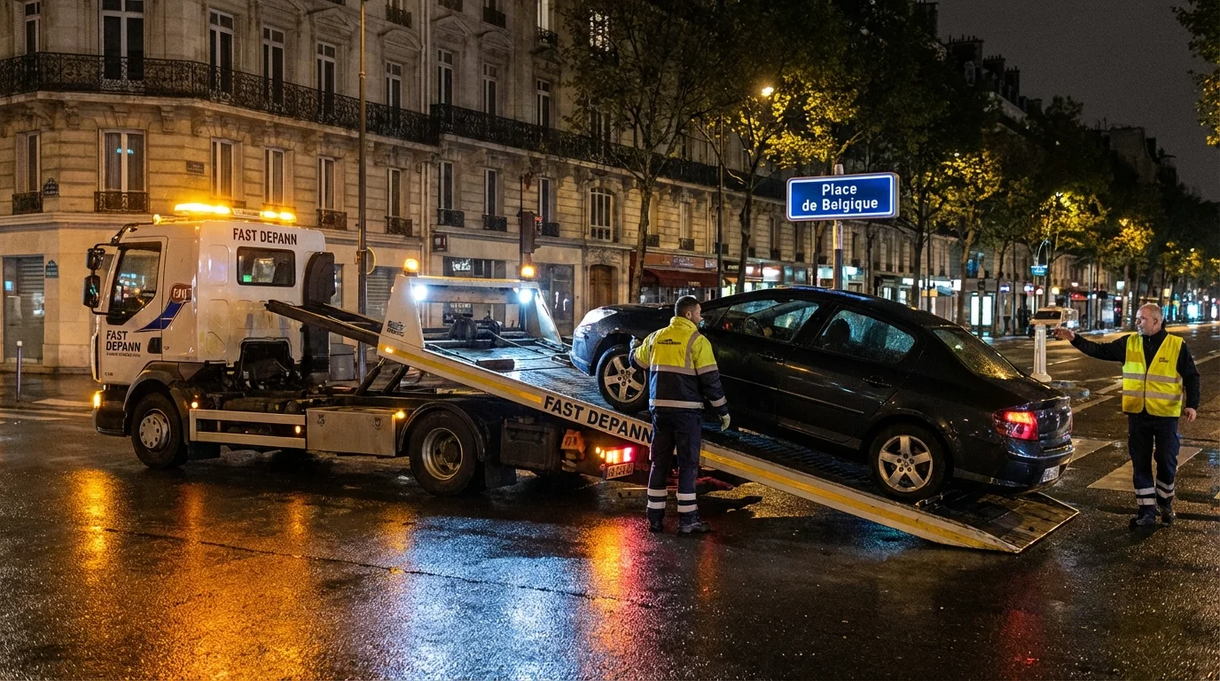 Dépanneuse Fast Depann en intervention de nuit sur le Boulevard de la République à La-Garenne-Colombes, remorquant une voiture en panne.