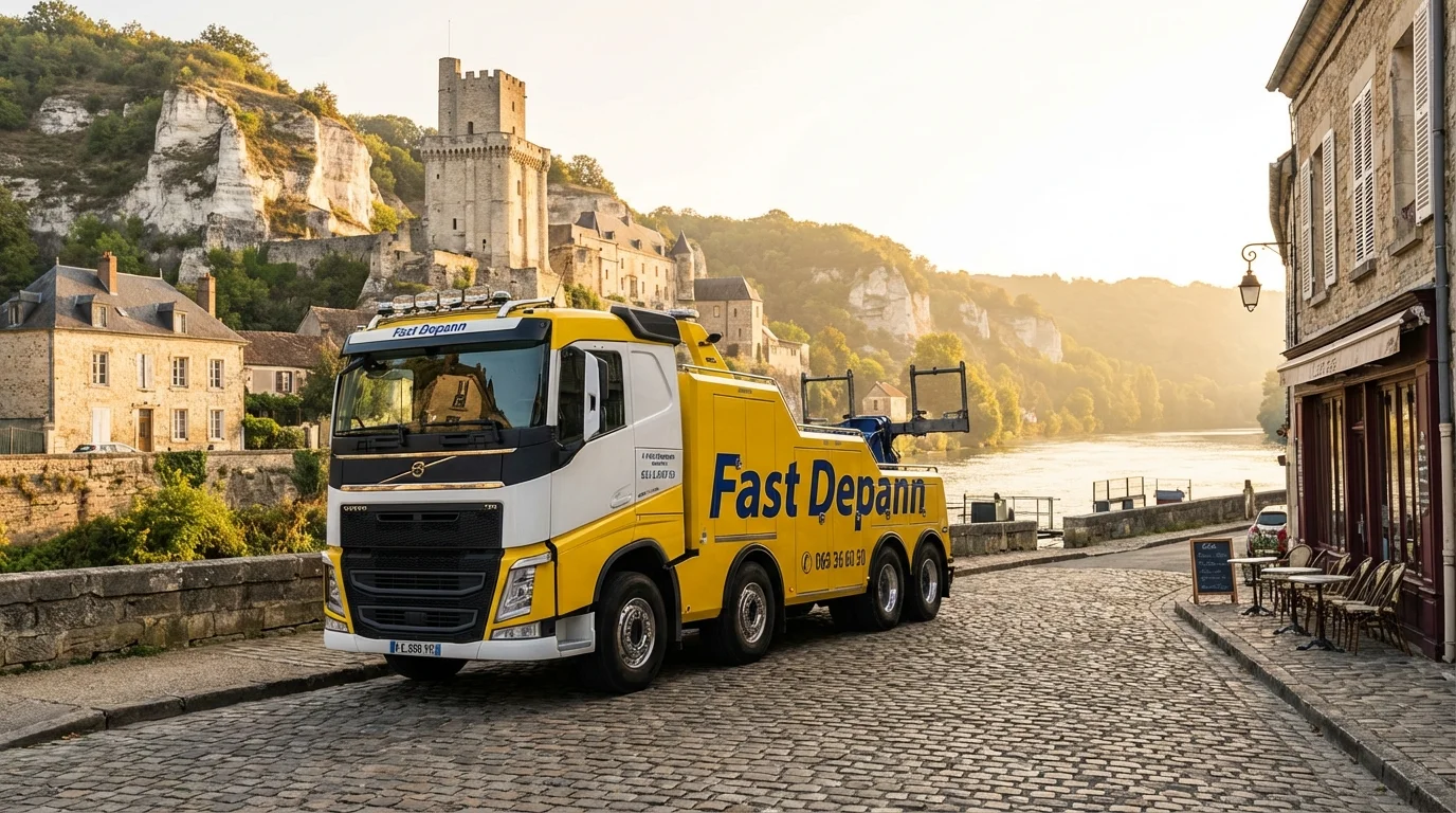 Dépanneuse Fast Depann en intervention à La Roche-Guyon avec le château médiéval et le donjon en arrière-plan.