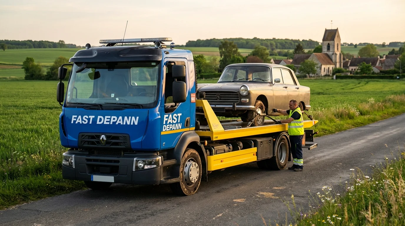 Dépanneuse Fast Depann intervenant sur une route de campagne à Labbeville 95690 pour un remorquage voiture