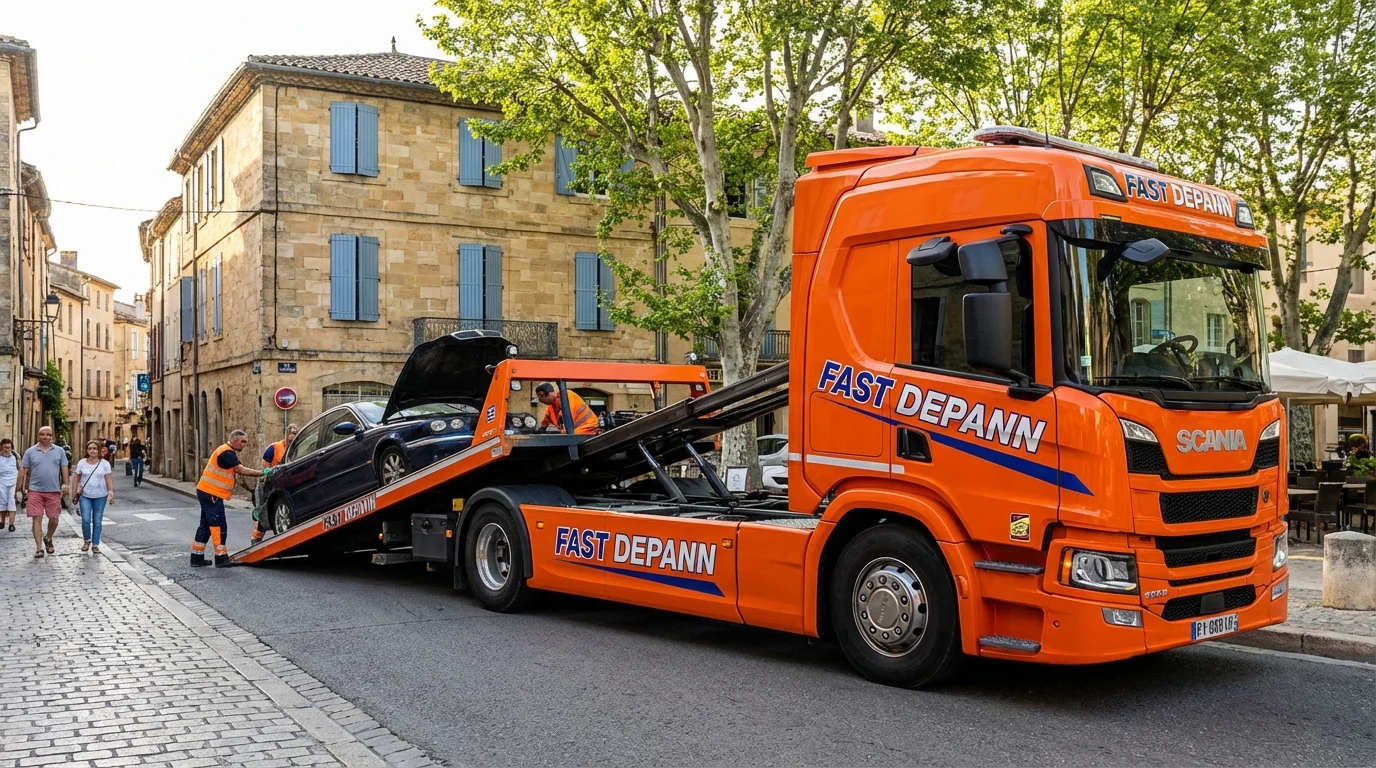 Dépanneuse Fast Depann chargeant une voiture en panne à Lacroix-Saint-Ouen