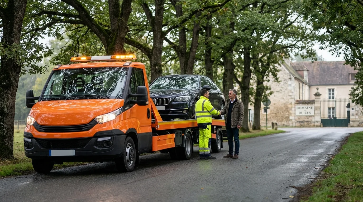 Dépanneuse Fast Depann en intervention à Lamorlaye devant une résidence du Domaine du Lys
