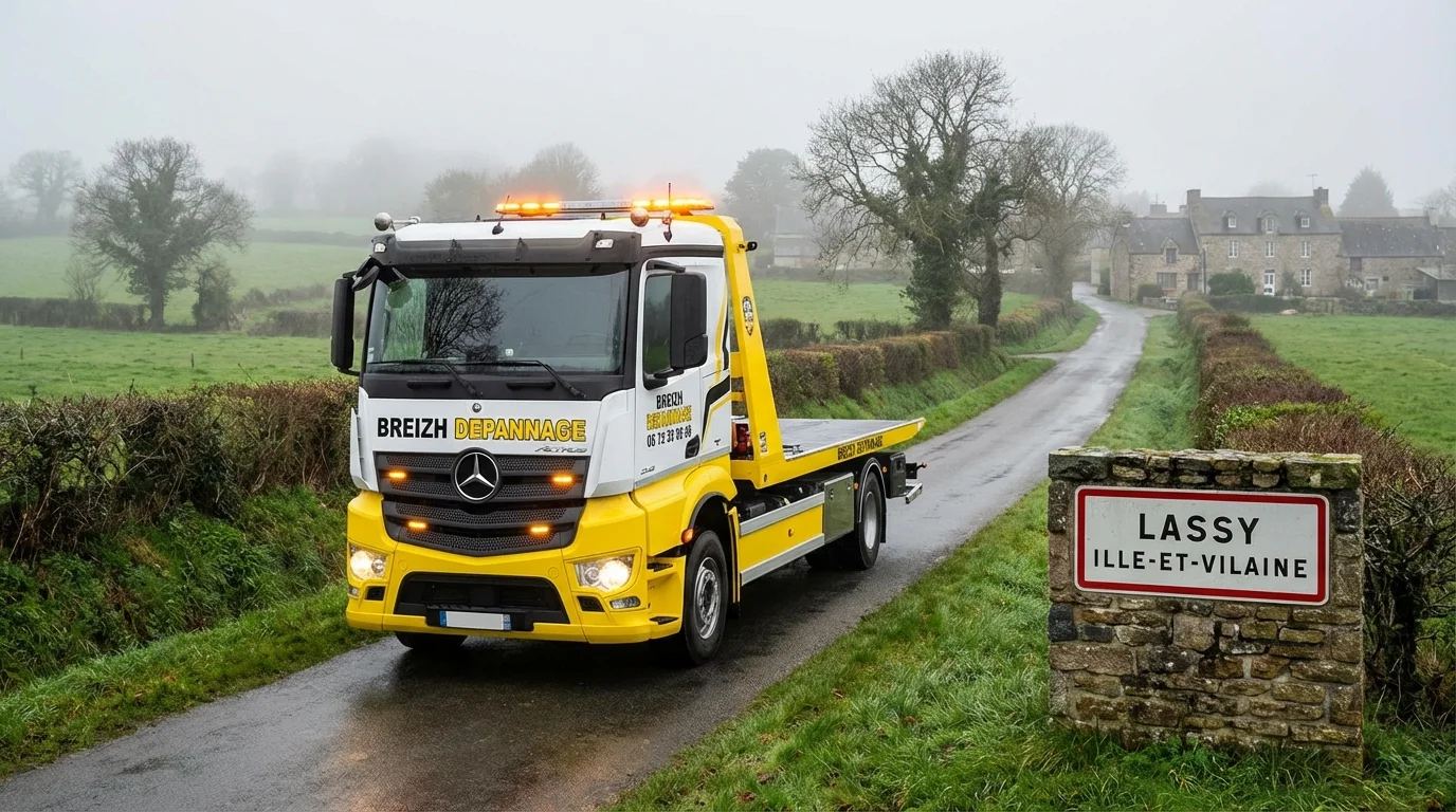 Dépanneuse Fast Depann en intervention d'urgence à l'entrée du village de Lassy (35580) en Ille-et-Vilaine.