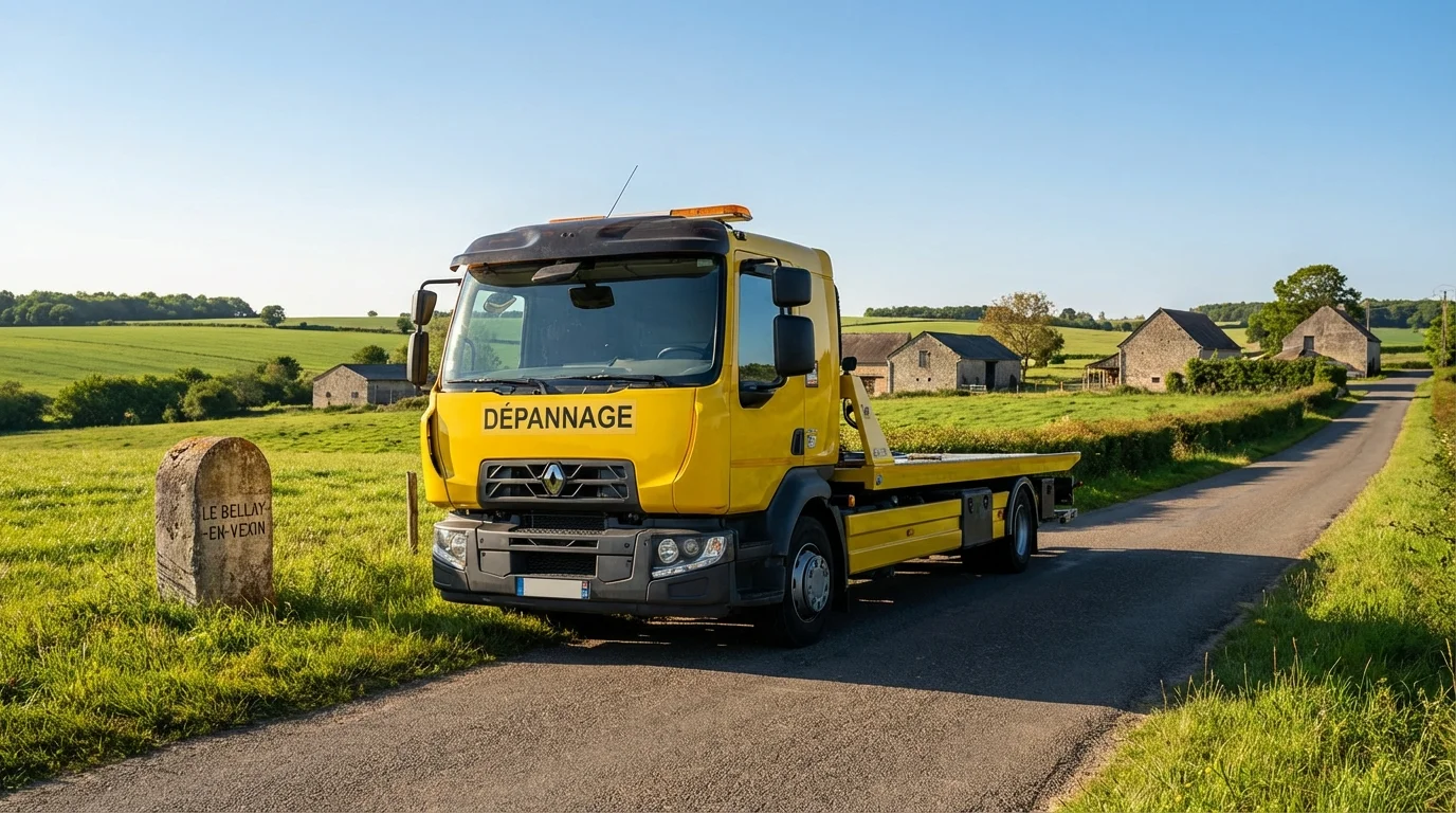 Dépanneuse Fast Depann en intervention à Le Bellay-en-Vexin sur une route de campagne du Vexin