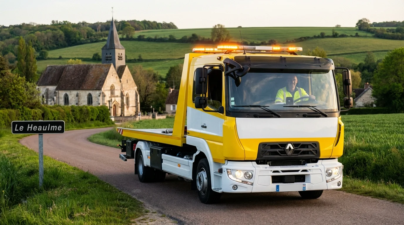Dépanneuse Fast Depann en intervention sur une route de campagne à Le Heaulme 95640 près de l'église Saint-Georges