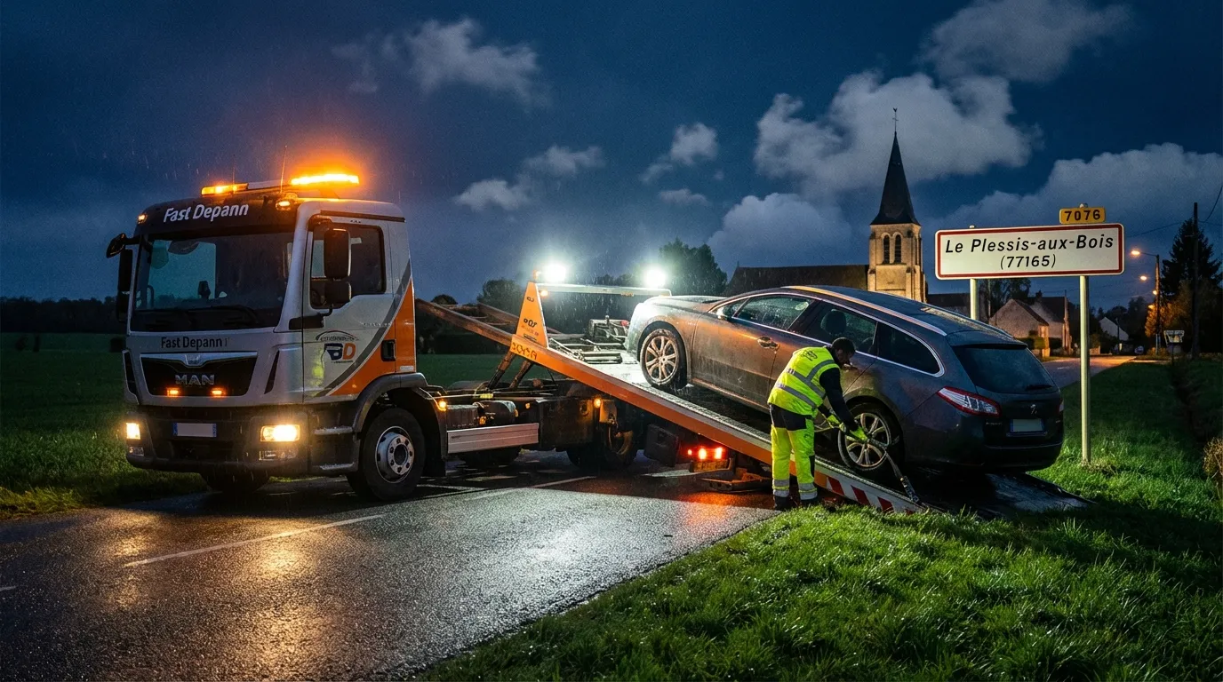 Dépanneuse Fast Depann en intervention sur une route de Le Plessis-aux-Bois 77