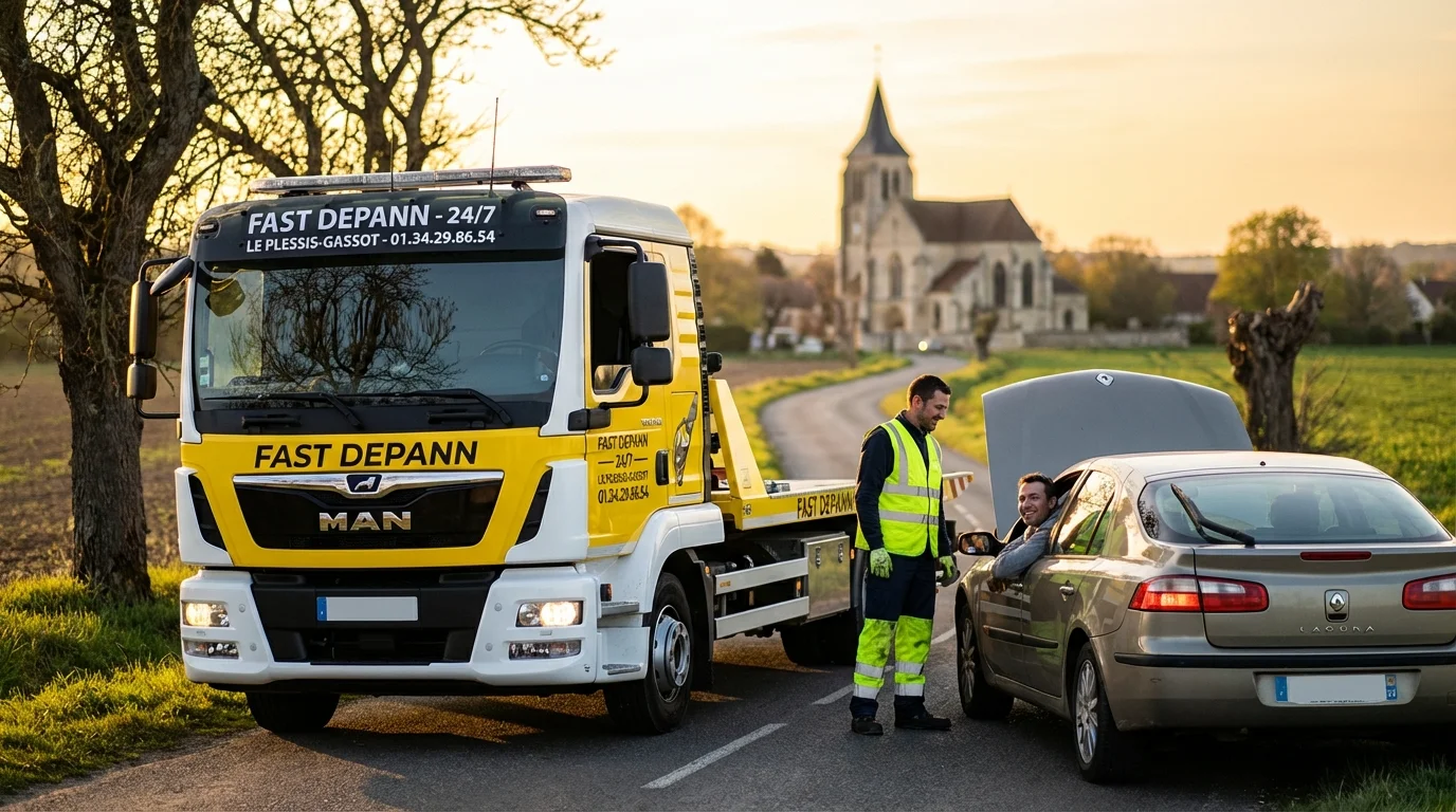 Dépanneuse Fast Depann en intervention devant l'église de Le Plessis-Gassot pour une panne auto