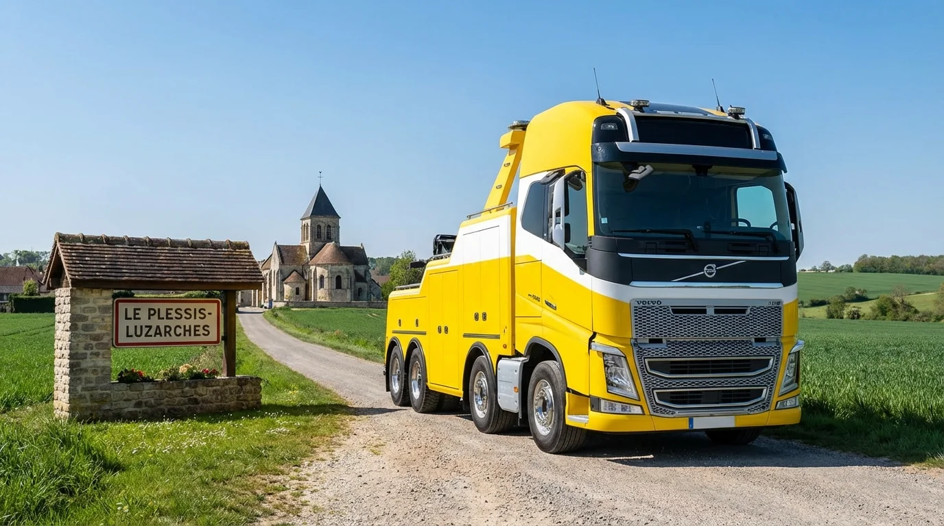 Dépanneuse Fast Depann en intervention à Le Plessis-Luzarches devant l'église Sainte-Marie