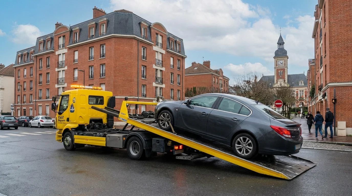 Dépanneuse Fast Depann en intervention de remorquage sur l'Avenue de la Résistance à Le Plessis-Robinson.