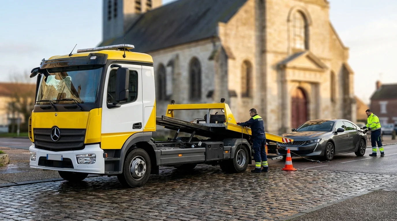 Dépanneuse Fast Depann intervenant pour un remorquage auto à Liancourt devant un bâtiment historique