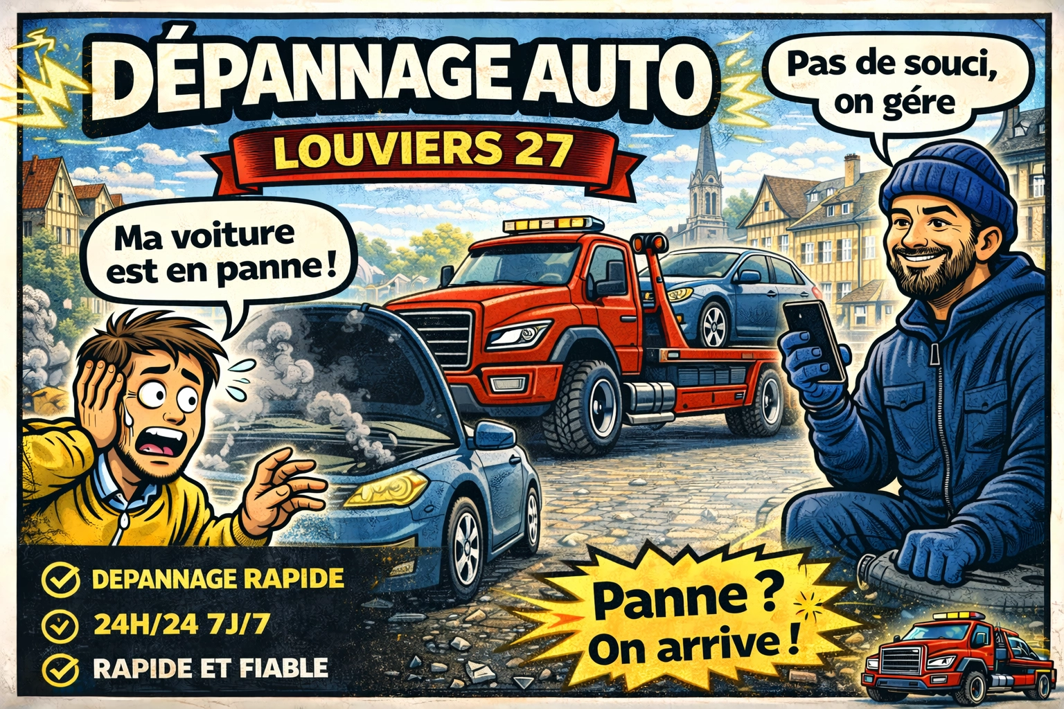 Dépanneuse Fast Depann en intervention de remorquage devant l'église de Louviers