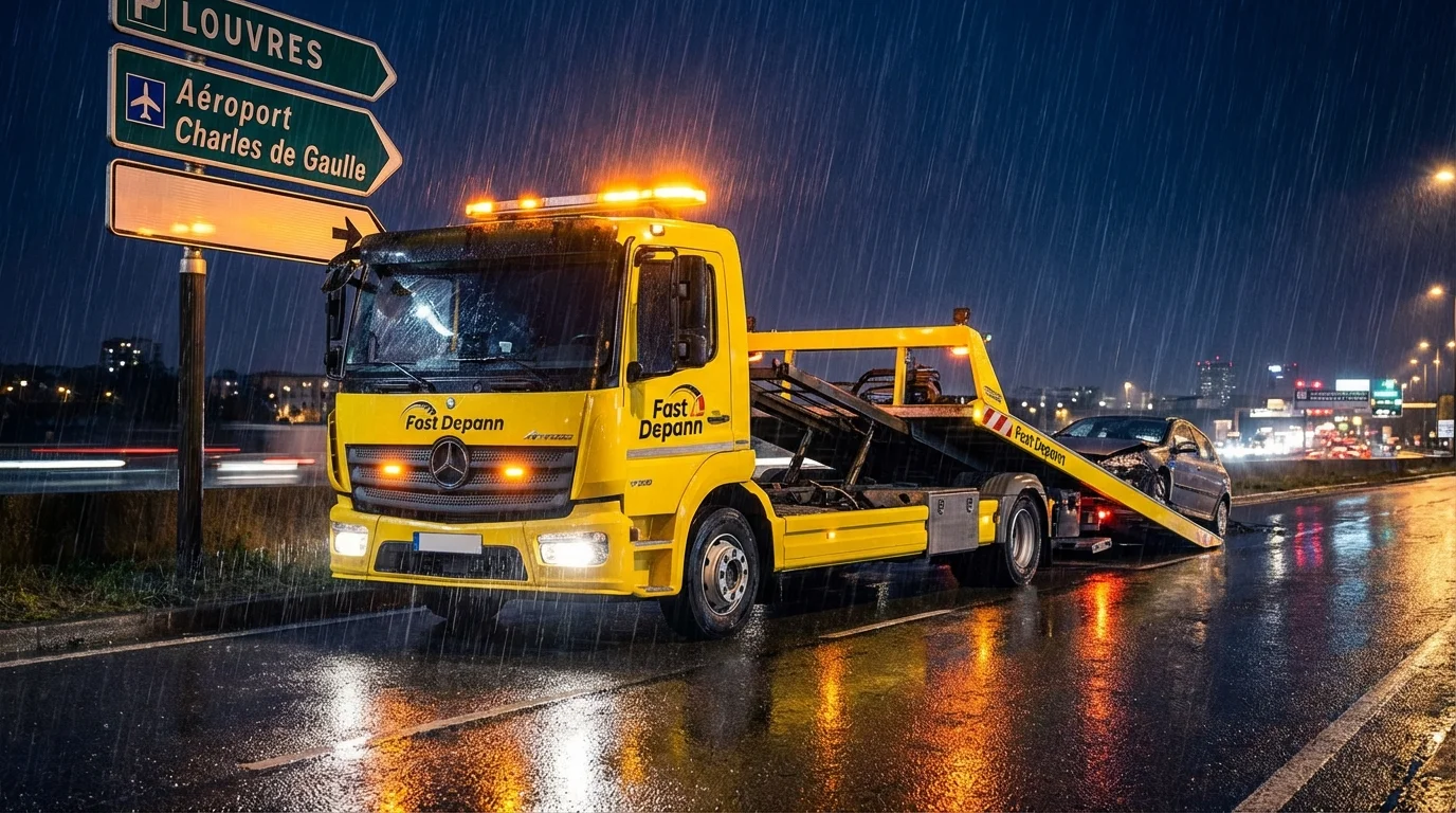 Dépanneuse Fast Depann en intervention nocturne à Louvres (95380) près de la N104