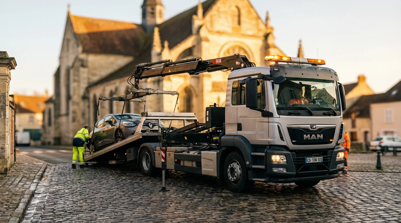 Dépanneuse Fast Depann intervenant dans le centre historique de Luzarches 95270 pour une assistance auto
