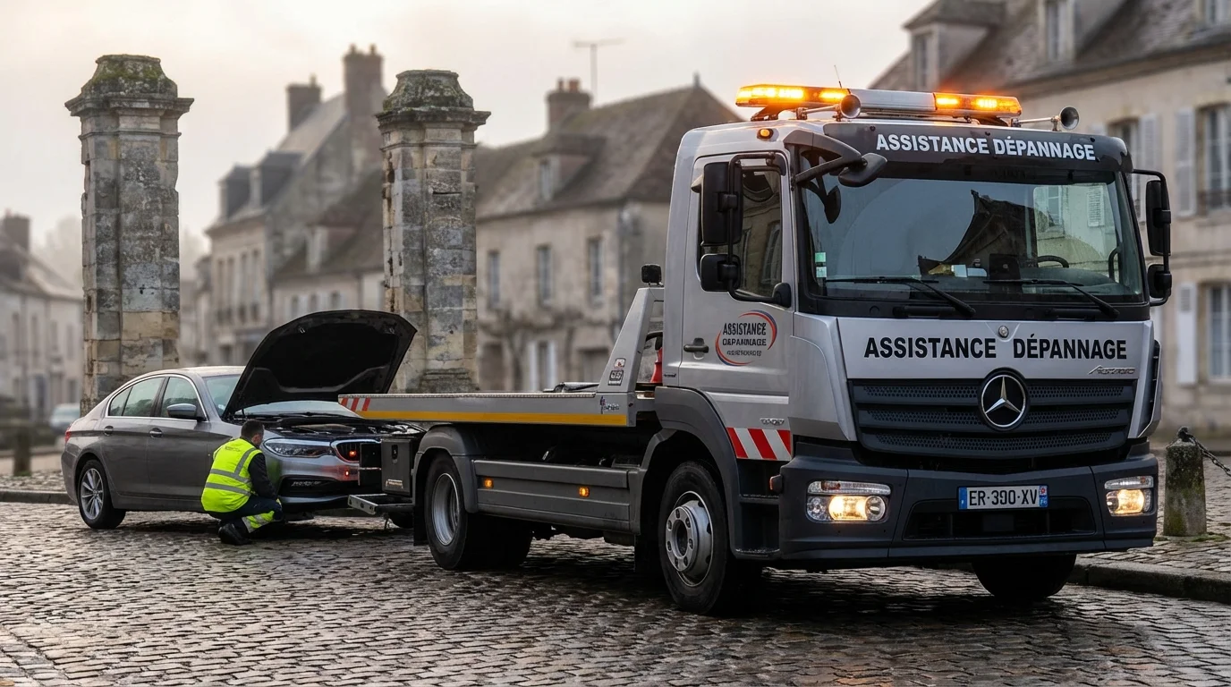 Camion de remorquage Fast Depann intervenant rue de Crosne à Magny-en-Vexin pour une assistance auto urgente.