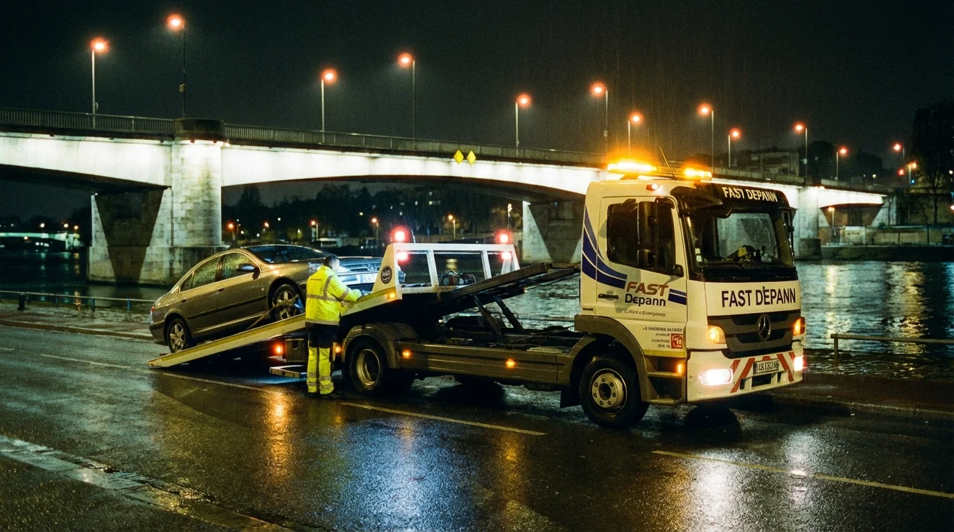 Dépanneuse Fast Depann en intervention nocturne sur le Pont de Charenton à Maisons-Alfort, remorquant un véhicule en panne.