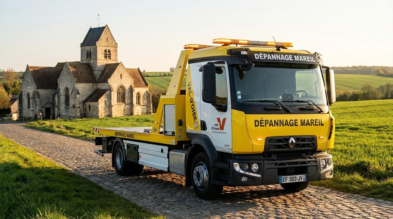 Dépanneuse Fast Depann en intervention à Mareil-en-France devant l'église du village