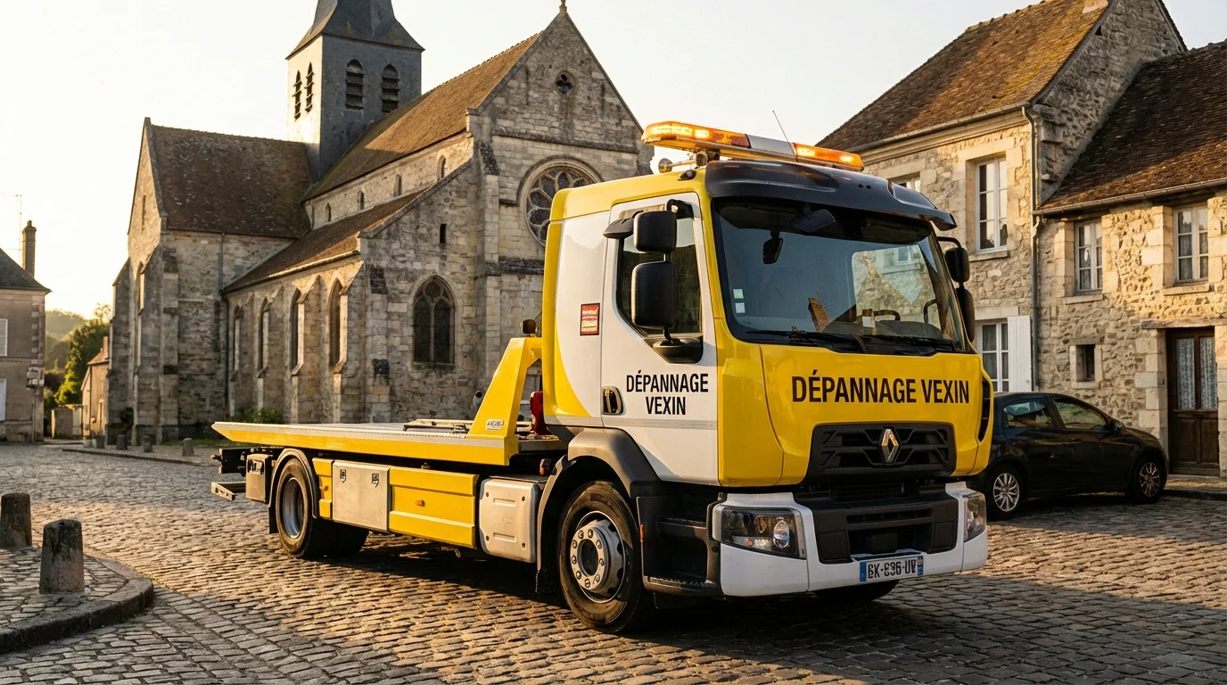 Dépanneuse Fast Depann intervenant dans le centre historique de Marines 95640 près de l'église