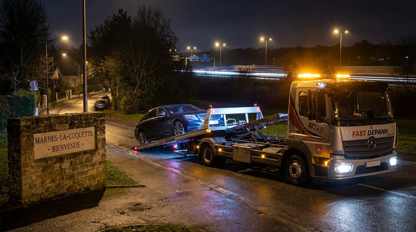 Dépanneuse Fast Depann en intervention nocturne à Marnes-la-Coquette (92430) remorquant une voiture.