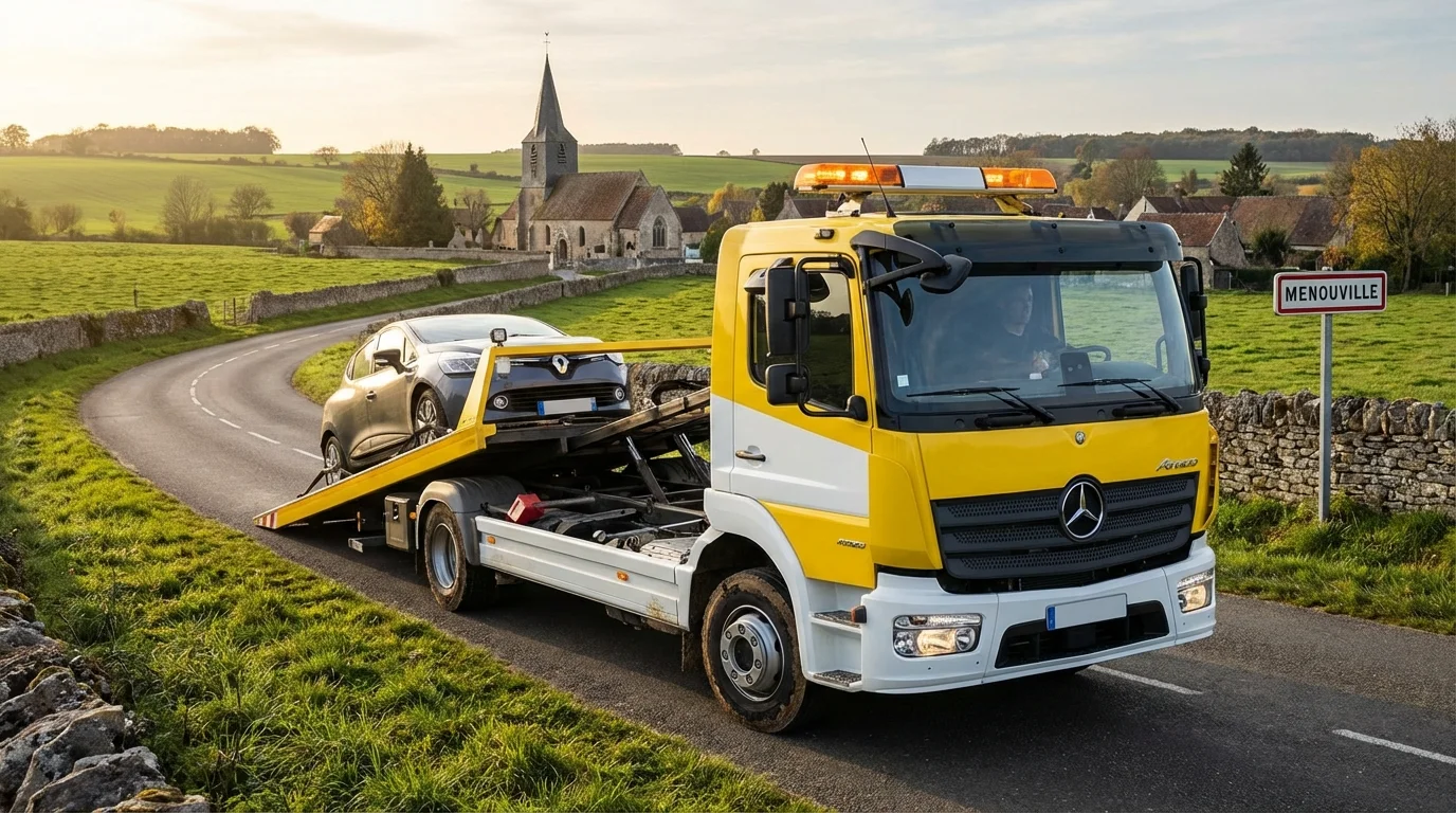 Dépanneuse Fast Depann intervenant pour une voiture en panne sur une route de campagne à Menouville 95810
