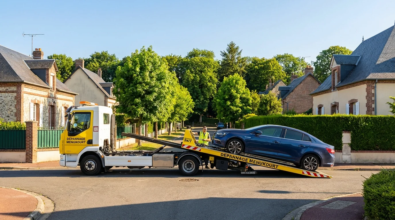 Camion de dépannage Fast Depann intervenant sur une voiture en panne rue Pasteur à Menucourt