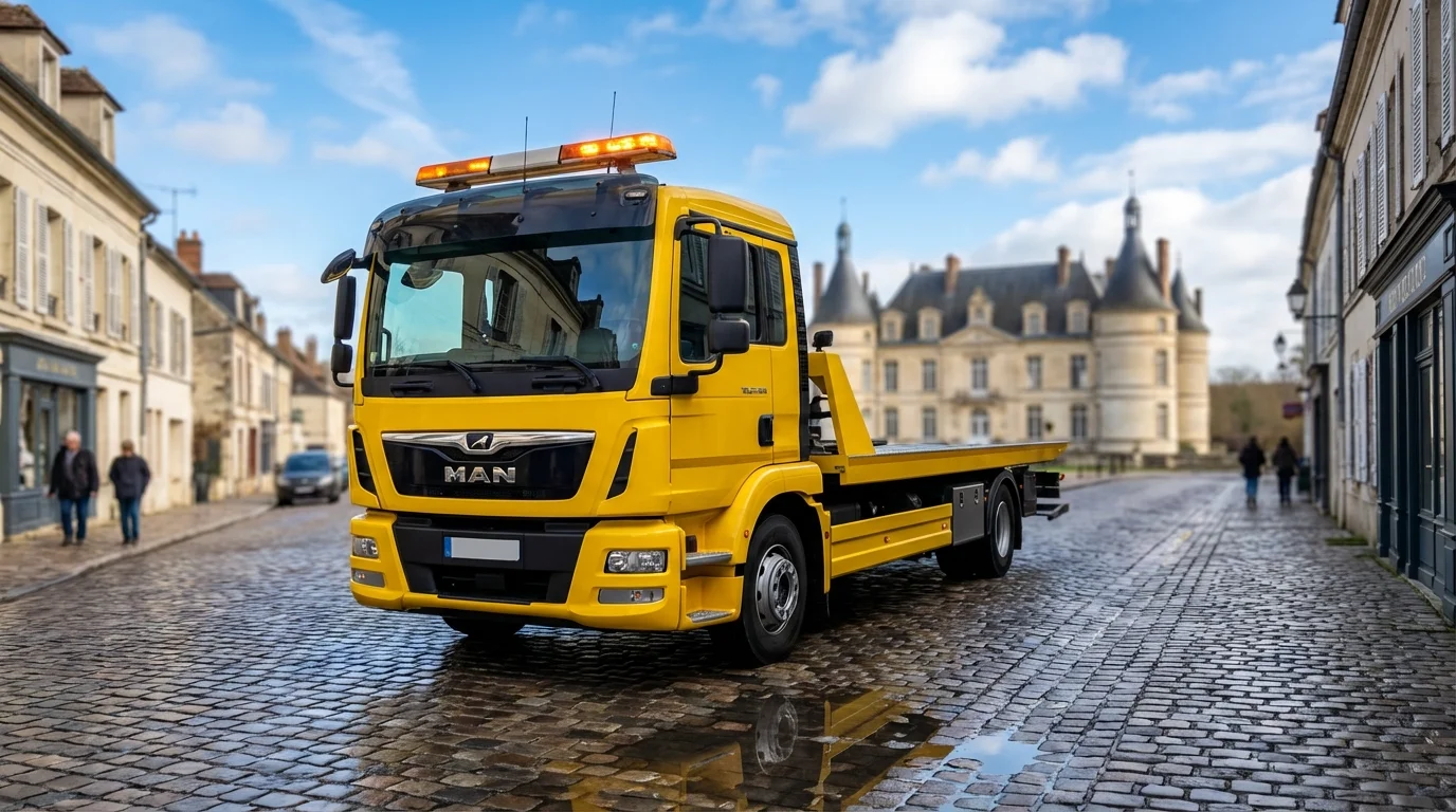 Dépanneuse Fast Depann en intervention à Méry-sur-Oise devant le château