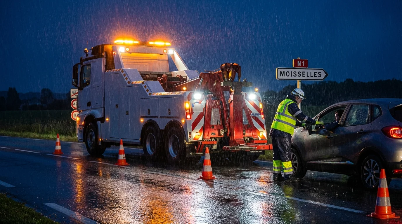 Dépanneuse Fast Depann en intervention nocturne à Moisselles pour un remorquage d'urgence sur la route nationale N1.