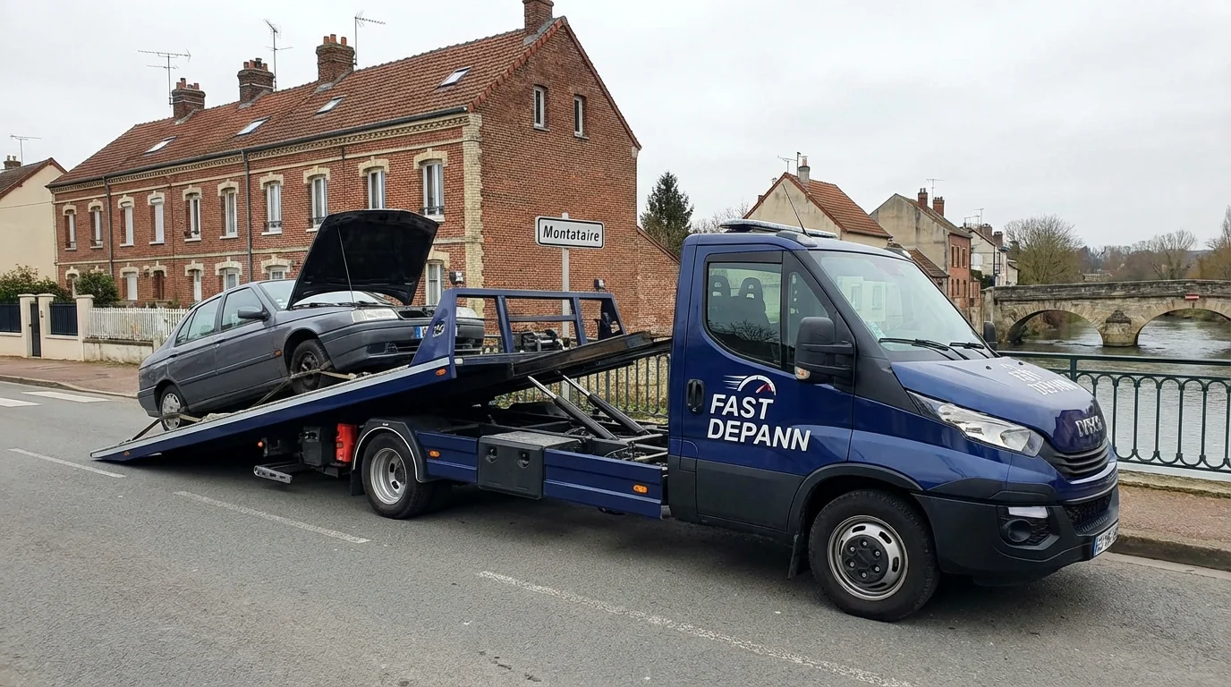 Camion de remorquage Fast Depann intervenant sur une voiture en panne à Montataire