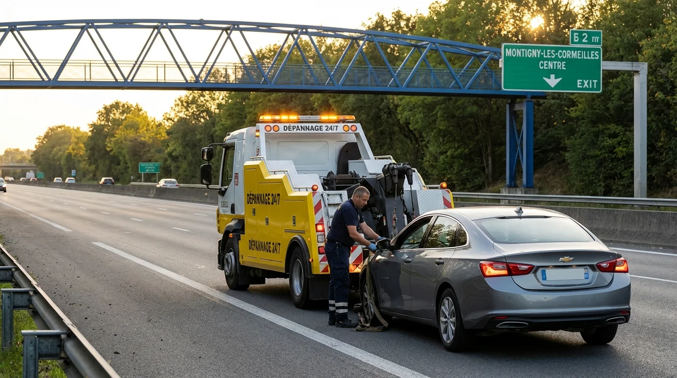 Dépanneuse Fast Depann en intervention sur une route de Montigny-les-Cormeilles avec la passerelle bleue en arrière-plan