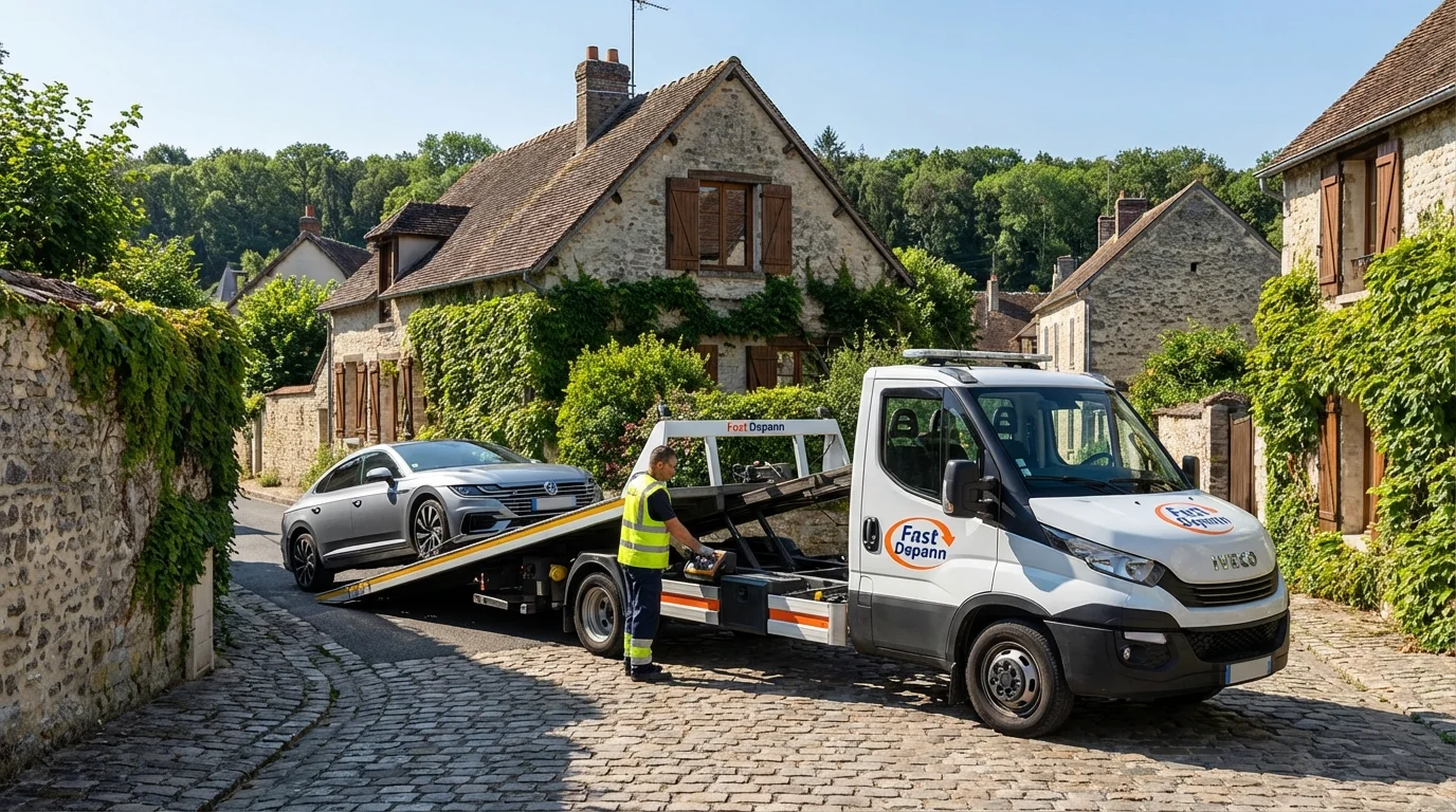 Camion de dépannage Fast Depann en intervention rue de Paris à Montlignon chargeant une voiture en panne