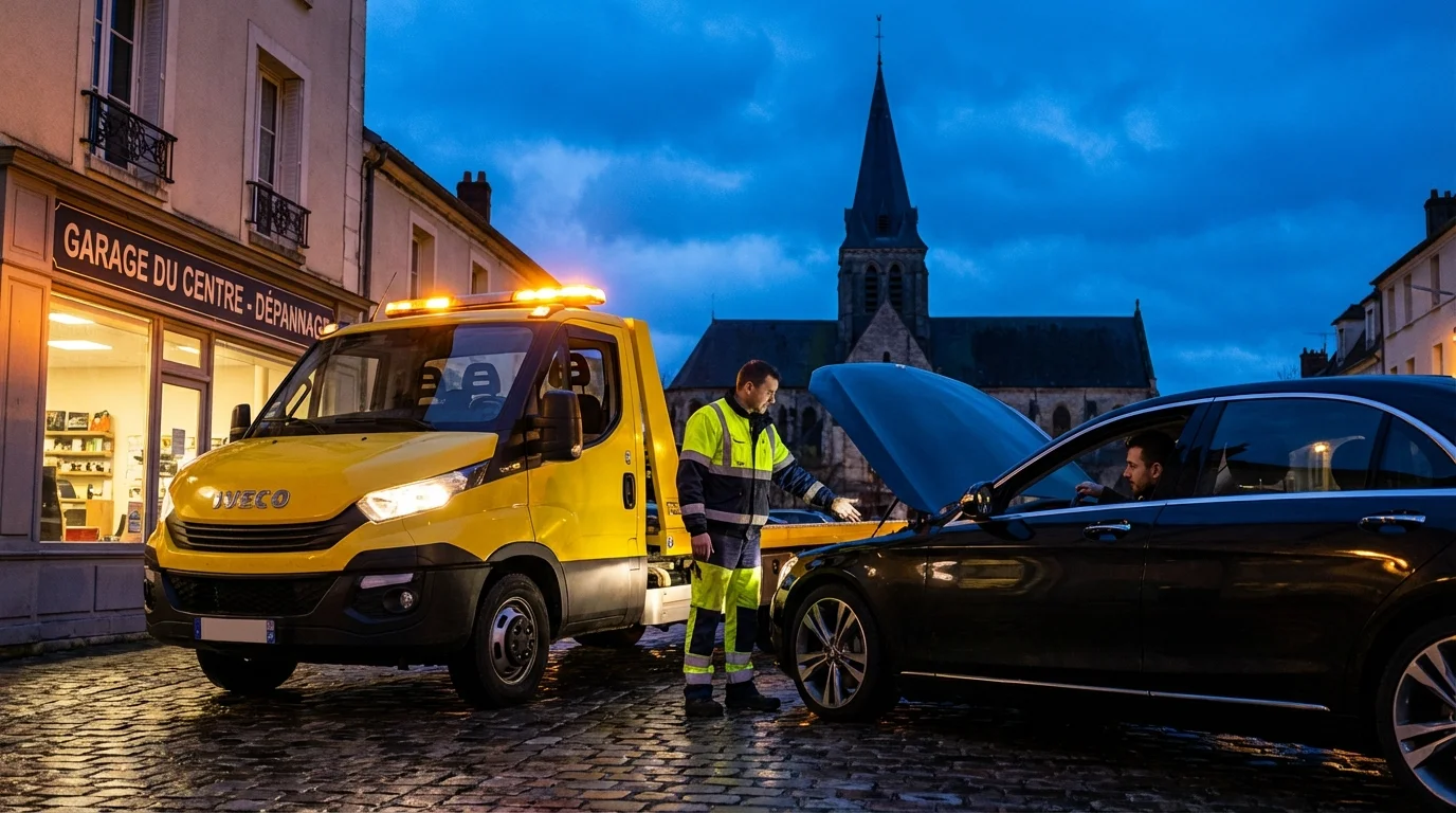 Dépanneuse Fast Depann en intervention rue historique à Montmorency devant la Collégiale Saint-Martin