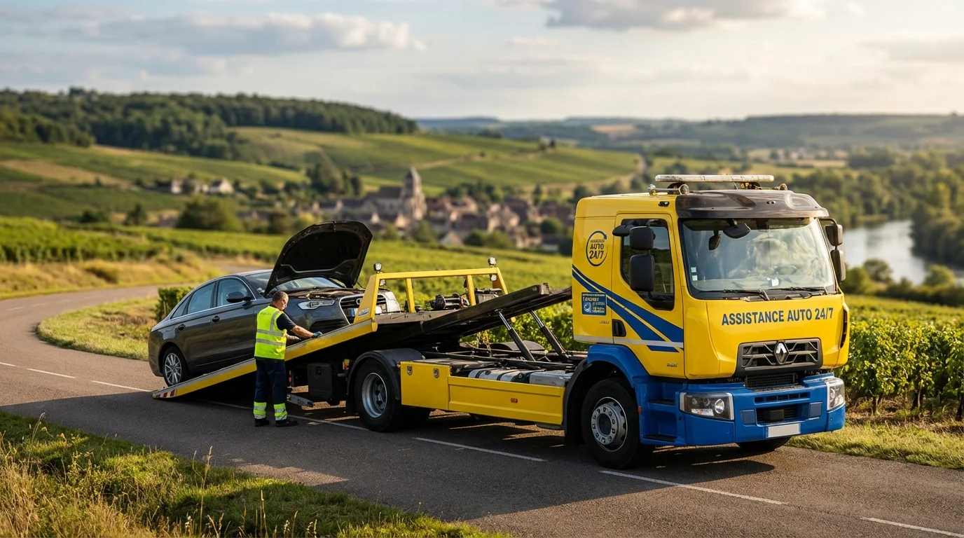 Dépanneuse Fast Depann intervenant sur une route de campagne à Montreuil-aux-Lions