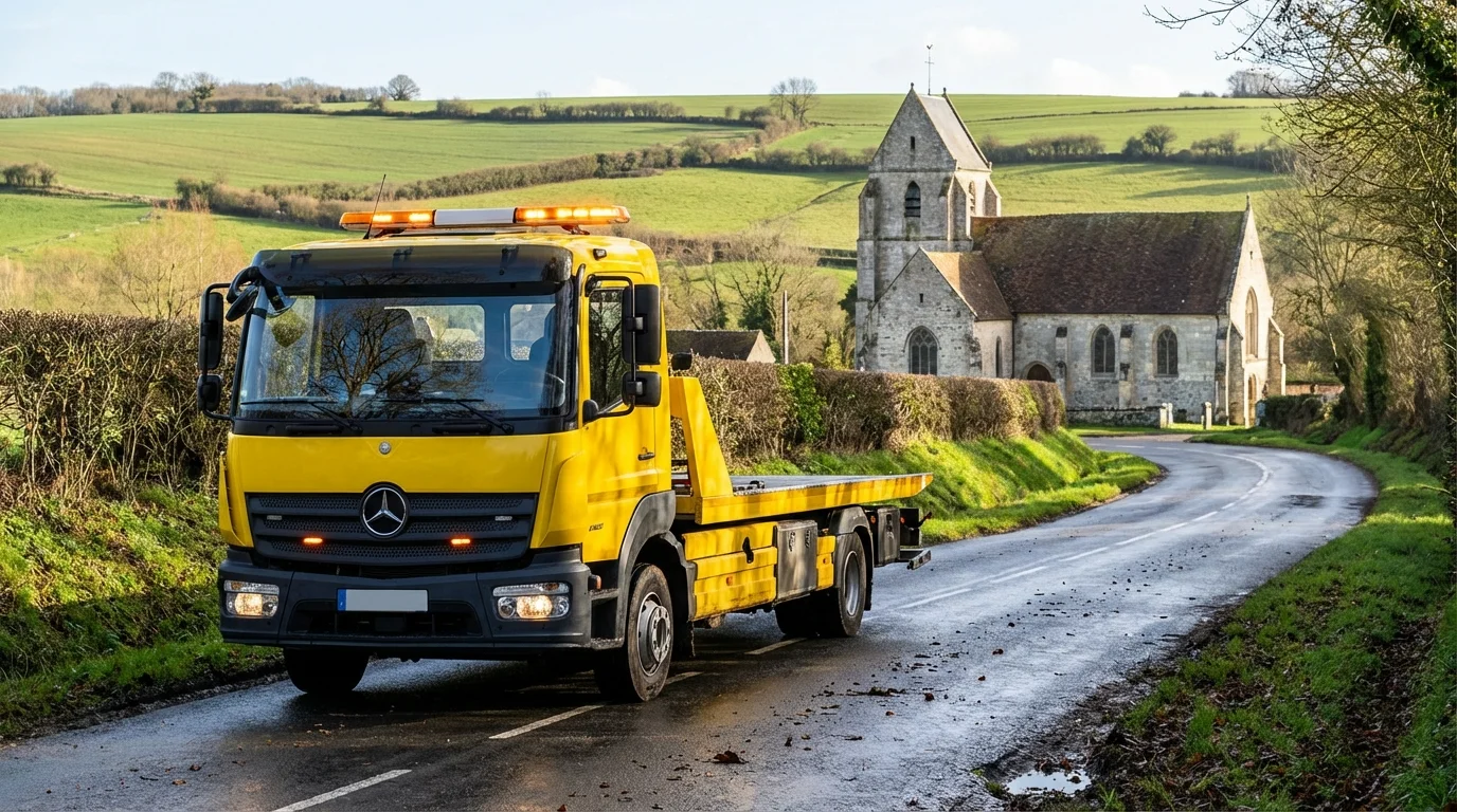 Dépanneuse Fast Depann en intervention devant l'église de Montreuil-sur-Epte dans le Vexin
