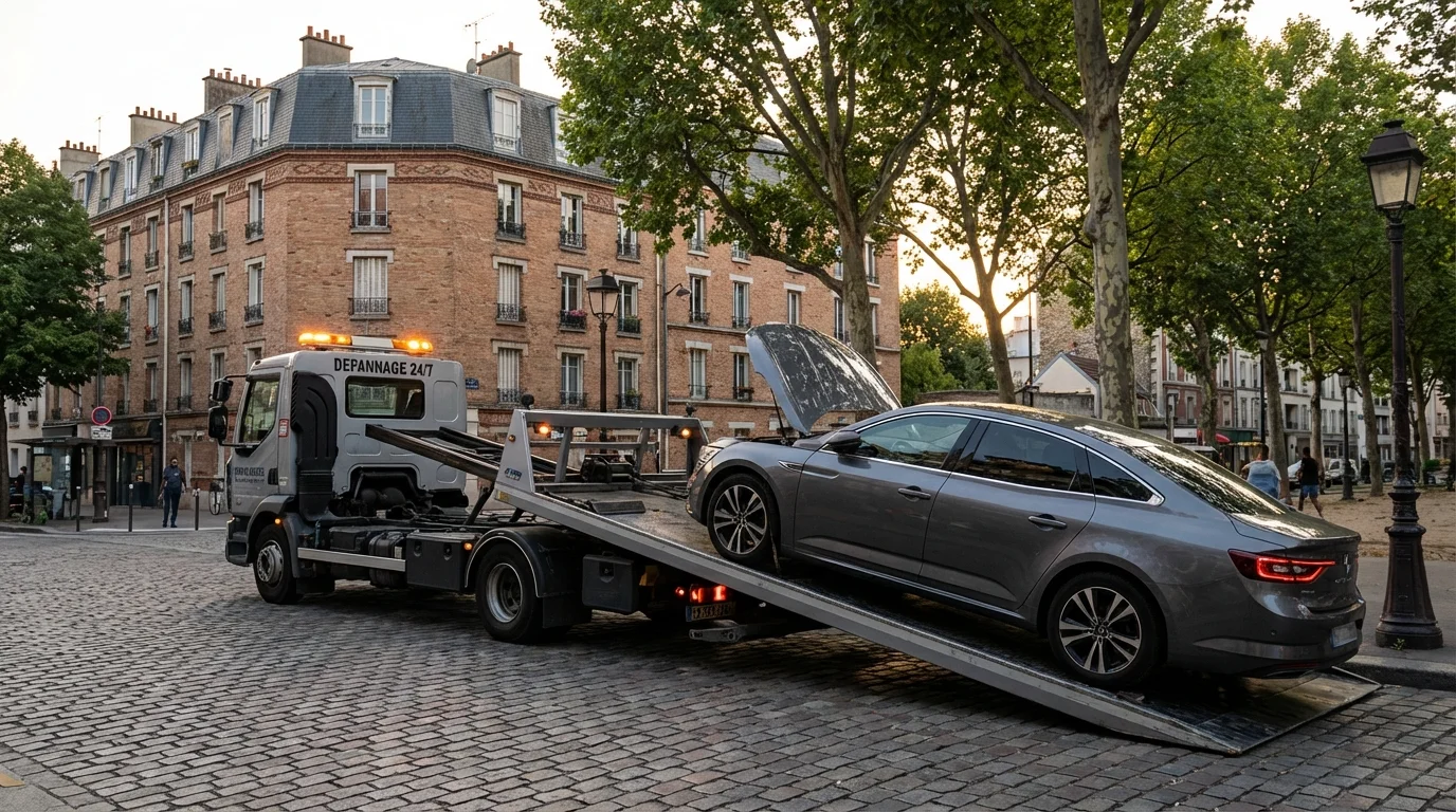 Dépanneuse chargeant un véhicule en panne rue de Paris à Montreuil 93100